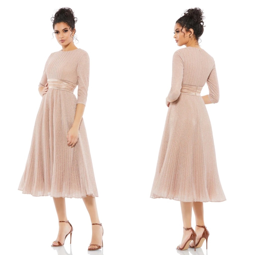 NEW NWT Mac Duggal Shimmering 3/4 Sleeve A-Line Midi Dress Rose Gold